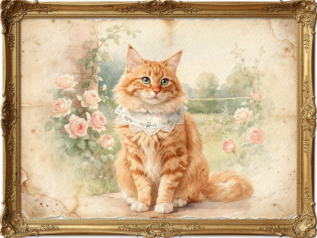 Victorian akvarell portrett av katt